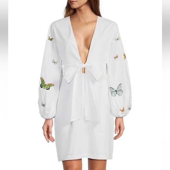 Fanm Mon Larson Butterfly Embroidered Long Sleeve V Neckline Mini Dress NEW $359 - Picture 2 of 14